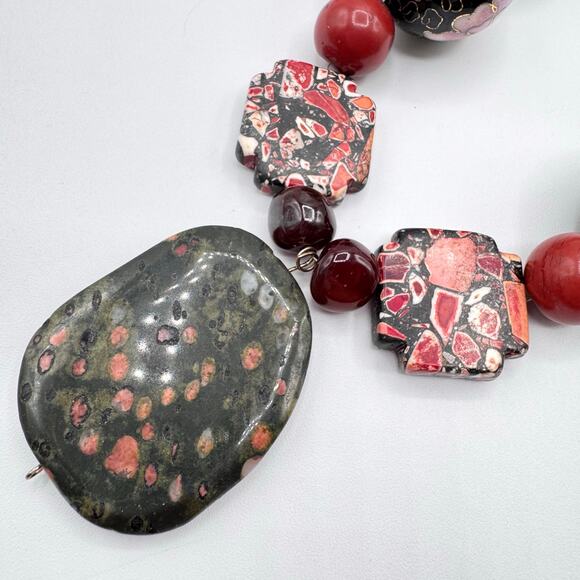 Handmade Chunky Beaded Necklace Unakite Cloisonné Ceramic Glass Eclectic Heavy - Picture 3 of 16